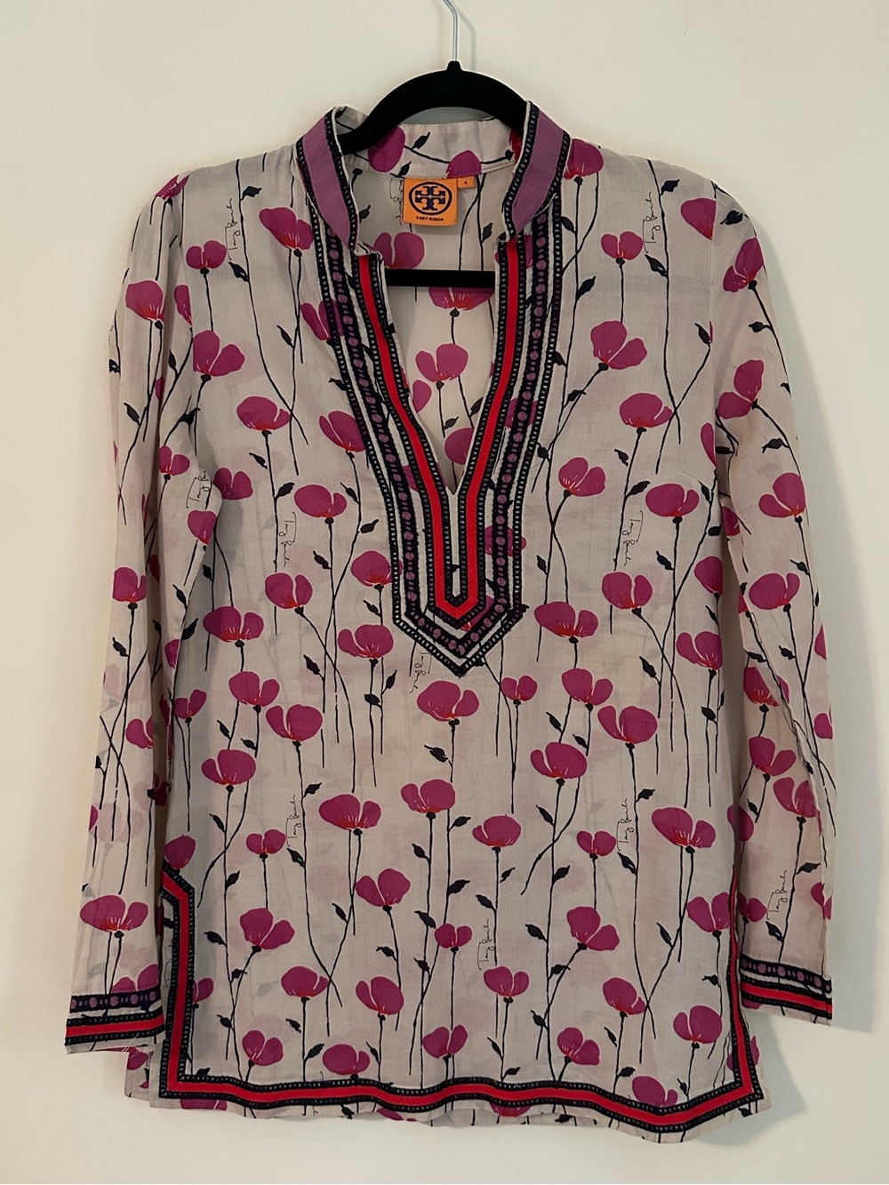 Tory Burch Pink Floral Embroidered V-Neck Tunic